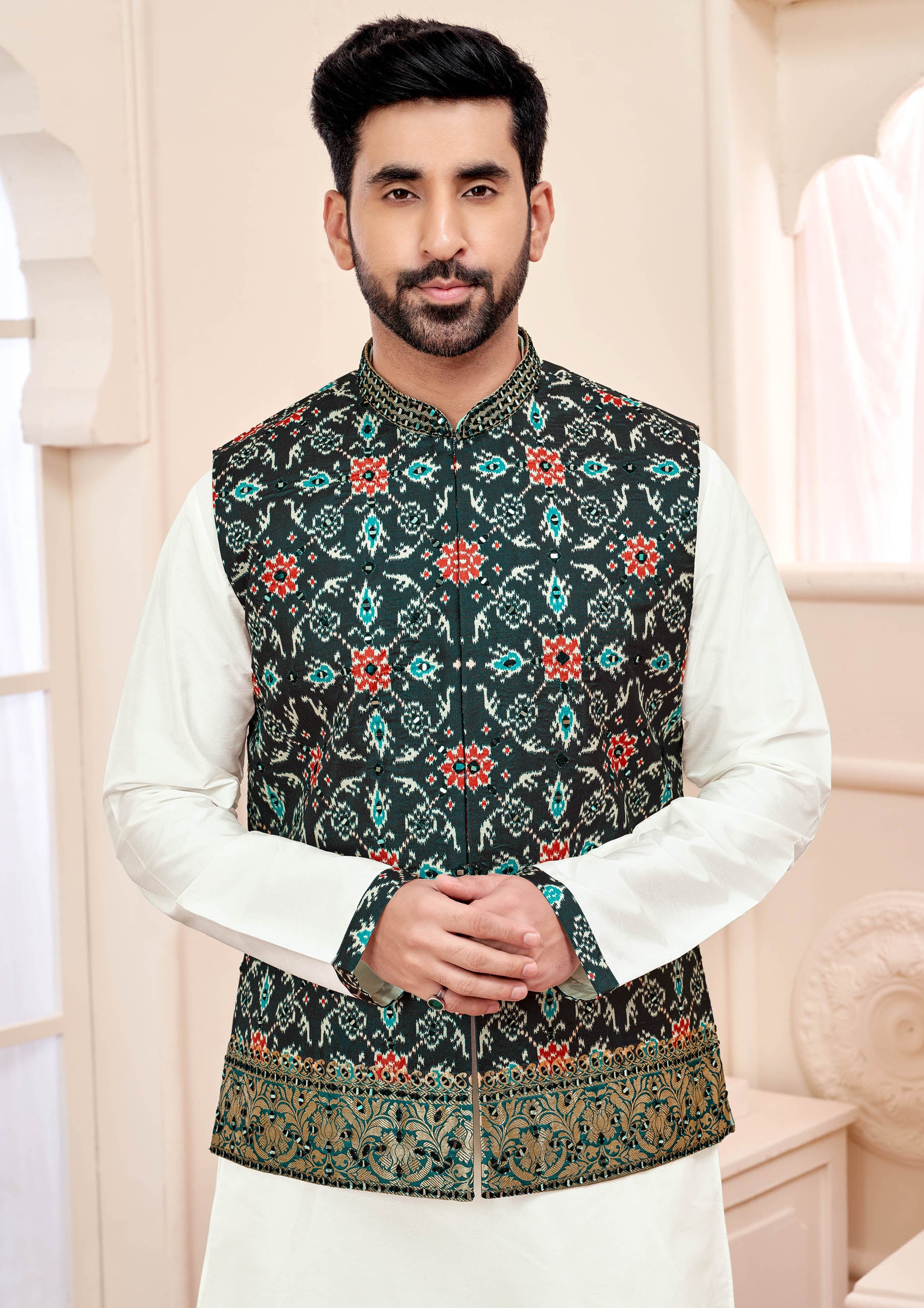 Majestic Black Embroidered Ethnic Men's Kurta Jacket Set
